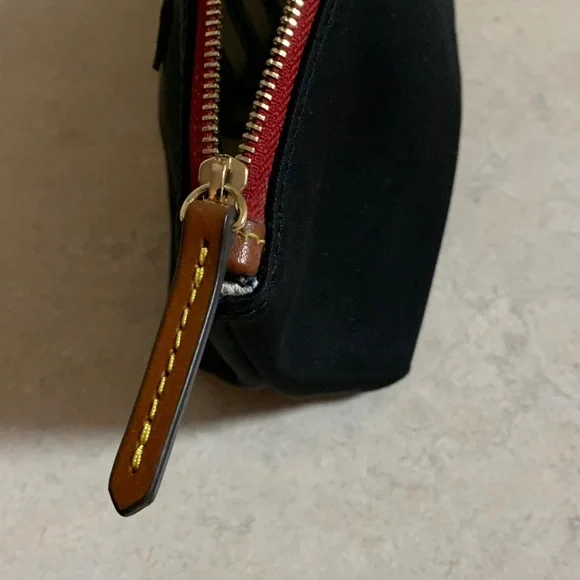 Dooney & Bourke Black Nylon Pouch Cosmetic Bag With Red Accents Brown Leather - Picture 9 of 16